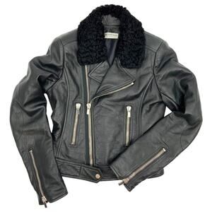Balenciaga Black Lambskin Furry Collar Silver Zipper Moto Biker Jacket Sz 40 (L)